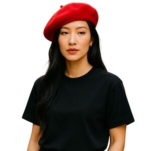 Bold Red Knit Beret Hat Wool Nylon Fall Accessory